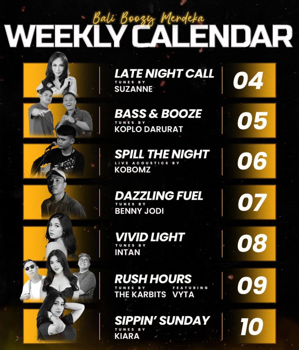 Weekly schedule at Bali Boozy Kitchen & Bar