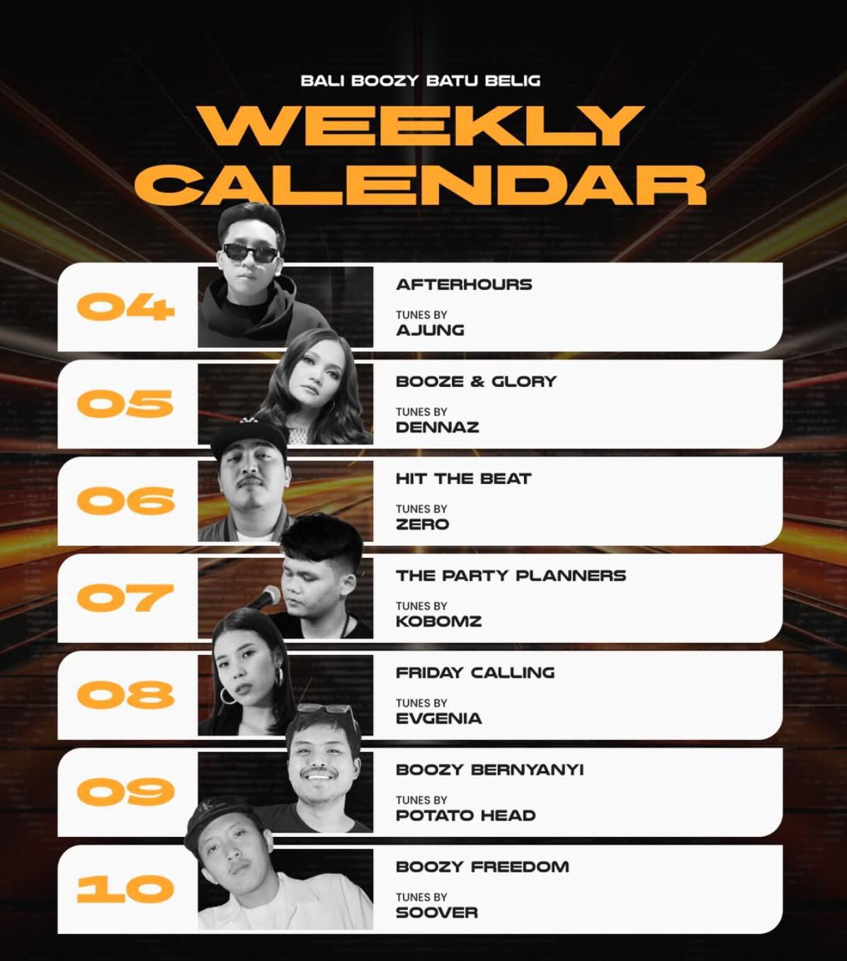 Weekly schedule at Bali Boozy Kitchen & Bar