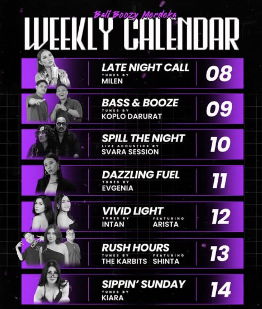 Weekly schedule at Bali Boozy Kitchen & Bar