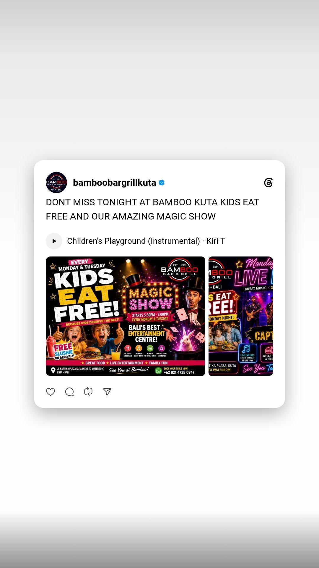 Kids Eat Free & Magic Show at Bamboo Bar & Grill Kuta Kids Eat Free & Magic Show at Bamboo Bar & Grill Kuta