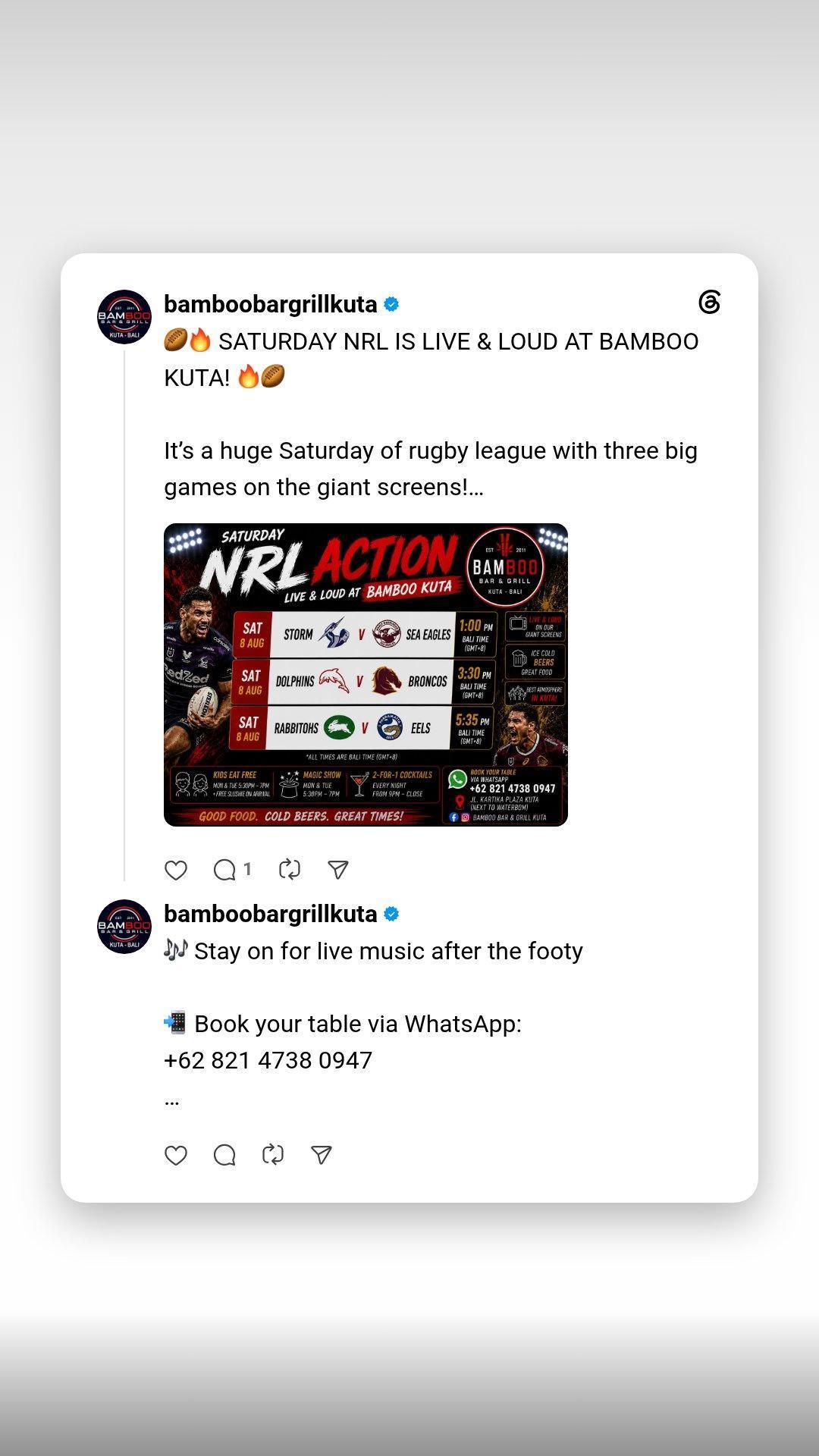 Saturday NRL Live & Loud at Bamboo Kuta Saturday NRL Live & Loud at Bamboo Kuta