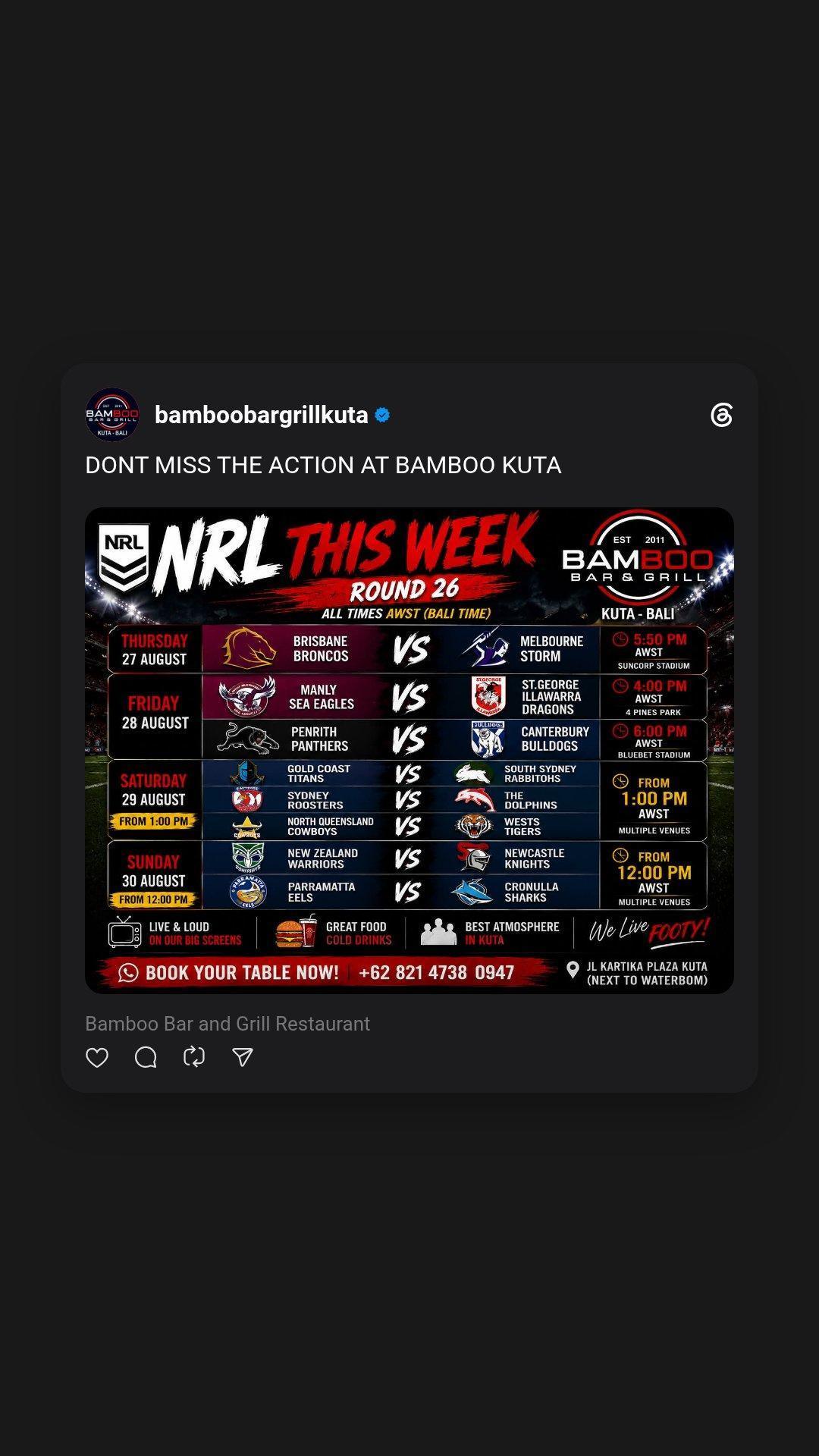 AFL Finals Wildcard Finals Round at Bamboo Bar & Grill Kuta AFL Finals Wildcard Finals Round at Bamboo Bar & Grill Kuta