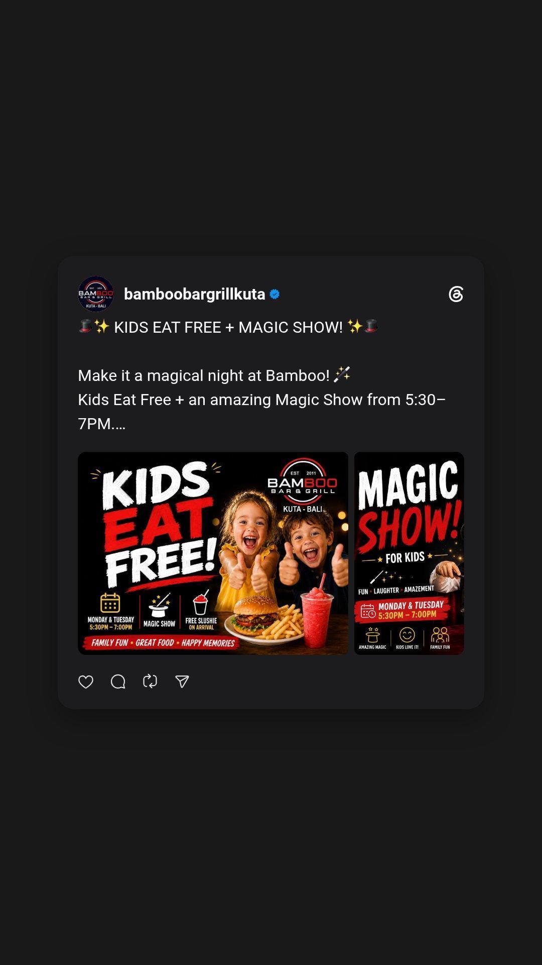 Kids Eat Free + Magic Show at Bamboo Bar & Grill at Bamboo Bar & Grill Kuta Kids Eat Free + Magic Show at Bamboo Bar & Grill at Bamboo Bar & Grill Kuta