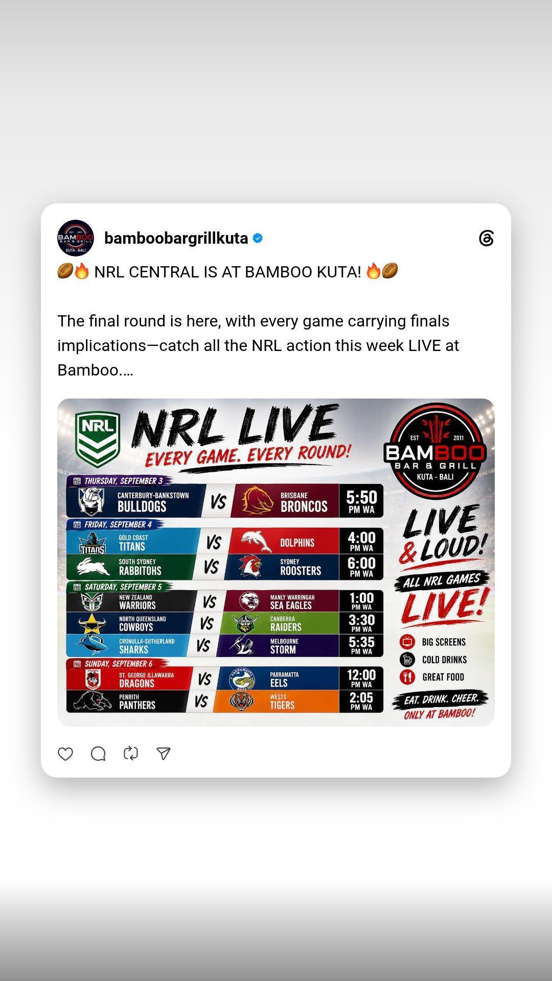 NRL Thursday Night: Canterbury Bulldogs vs Brisbane Broncos at Bamboo Bar & Grill Kuta NRL Thursday Night: Canterbury Bulldogs vs Brisbane Broncos at Bamboo Bar & Grill Kuta