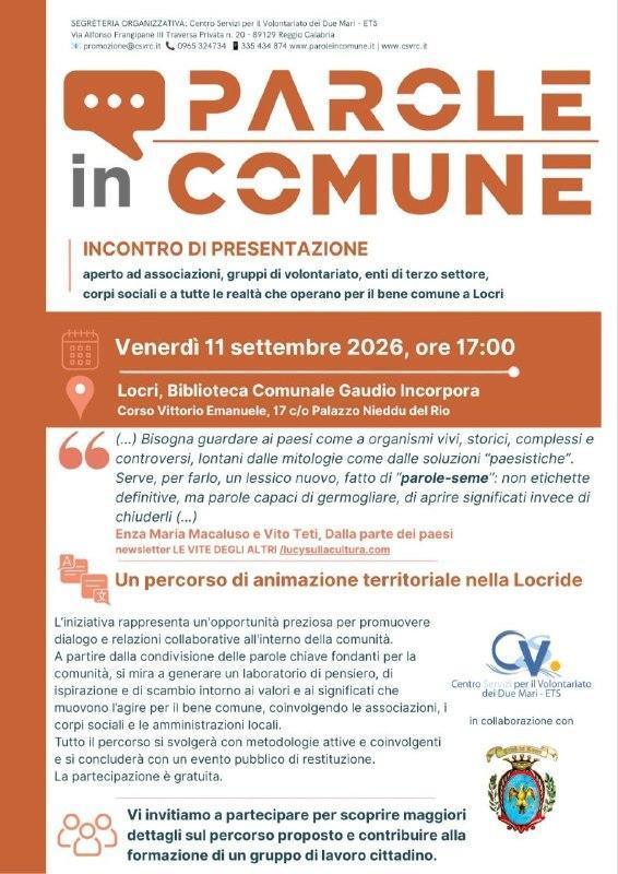 Parole in Comune - incontro di presentazione (inizio ore 17.00)