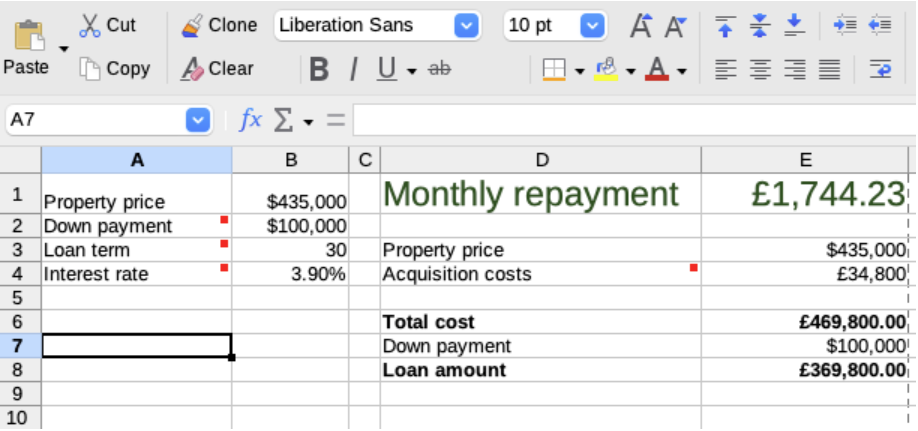 Eerste spreadsheet Versie van onze hypotheekcalculator