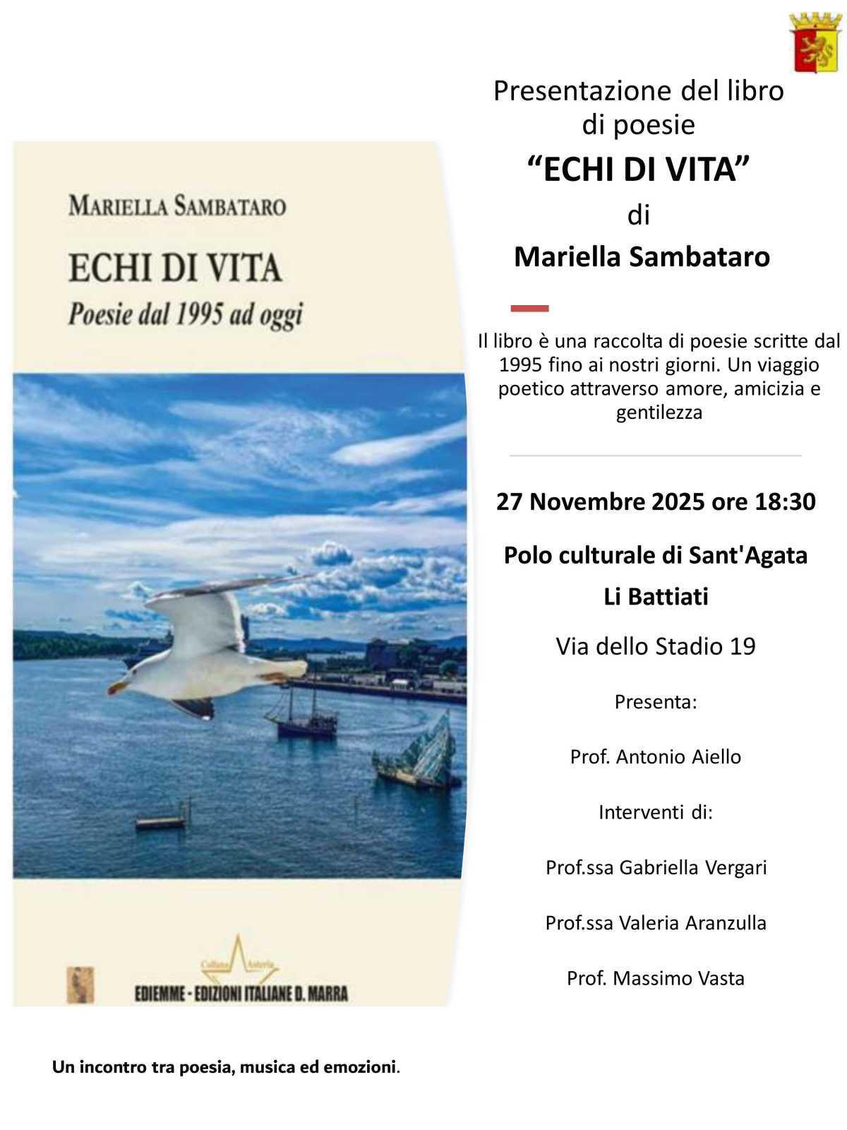 Presentazione del libro di poesie "ECHI Dl VITA" di Mariella Sambataro (inizio ore 18.30)