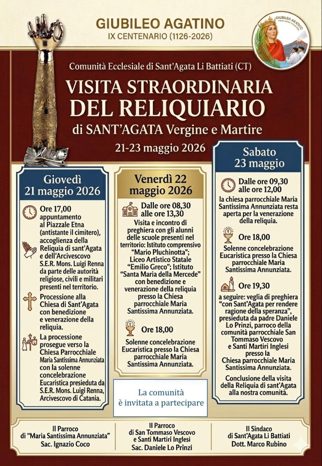 Visita Straordinaria del Reliquiario di Sant'Agata Vergine e Martire (dalle ore 17.00) Visita Straordinaria del Reliquiario di Sant'Agata Vergine e Martire (dalle ore 17.00)