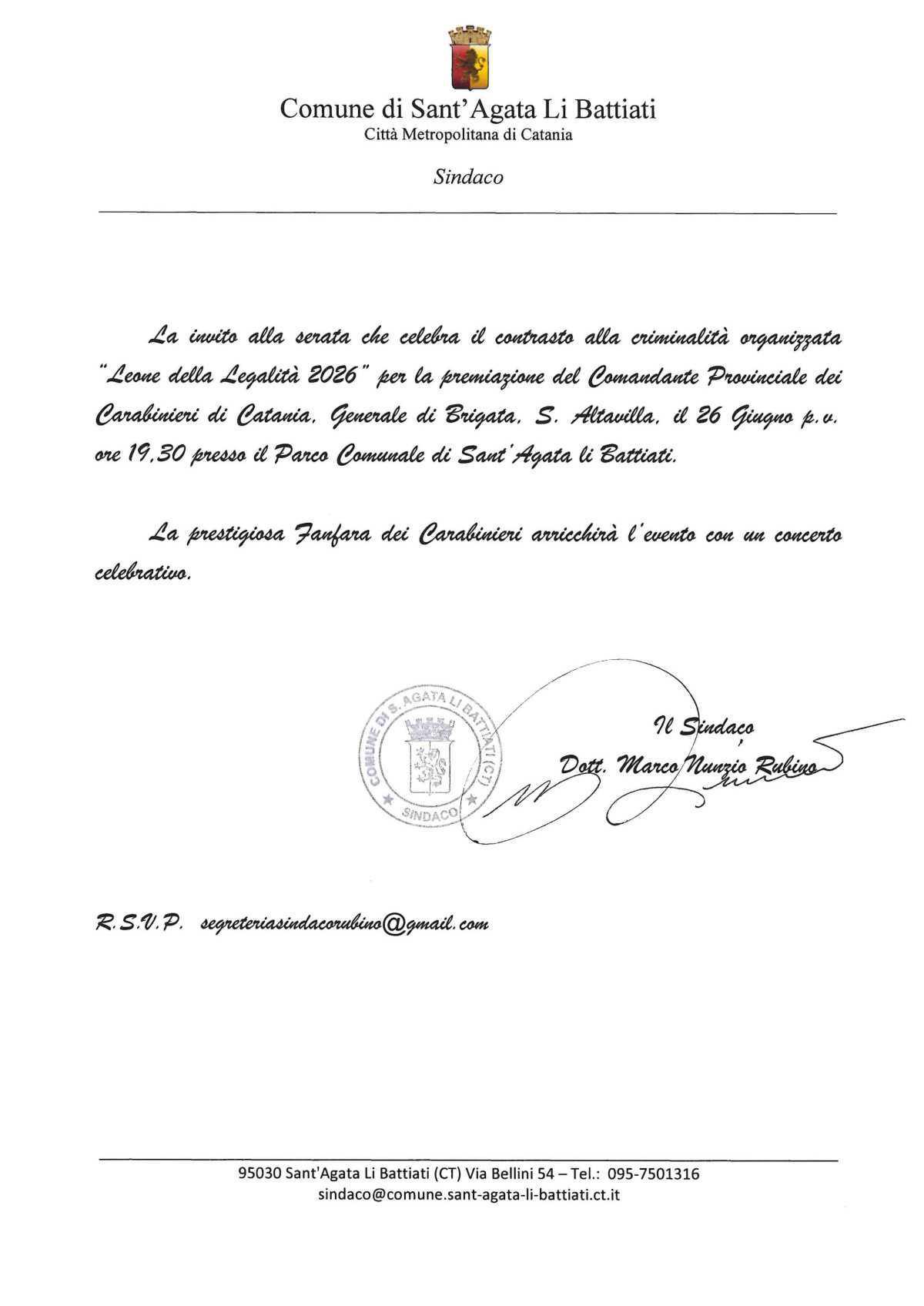 "Leone della Legalità 2026" premiazione del Comandante Provinciale dei Carabinieri di Catania, Generale di Brigata, S. Altavilla (inizio ore 19.30)