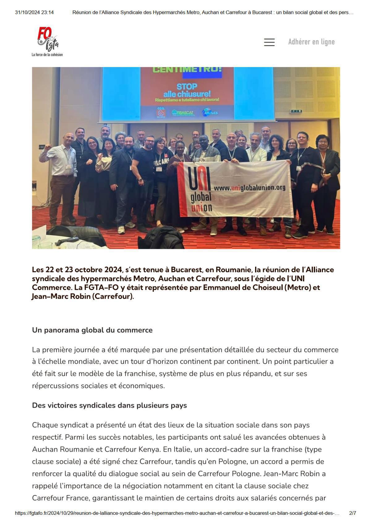 Réunion de l’Alliance Syndicale des Hypermarchés Metro, Auchan et Carrefour à Bucarest