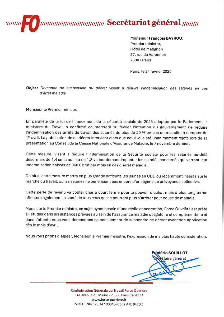LETTRE DE MR SOUILLOT A MR BAYROU (INDEMNISATION ARRET MALADIE)