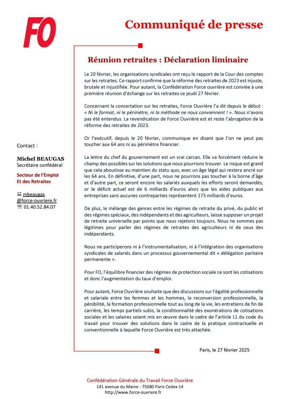 REUNION RETRAITES: Déclaration liminaire
