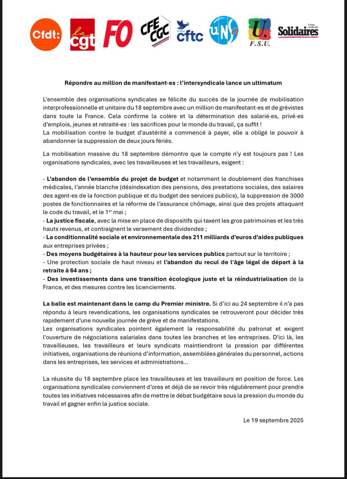 Répondre au million de manifestant·es : l’intersyndicale lance un ultimatum