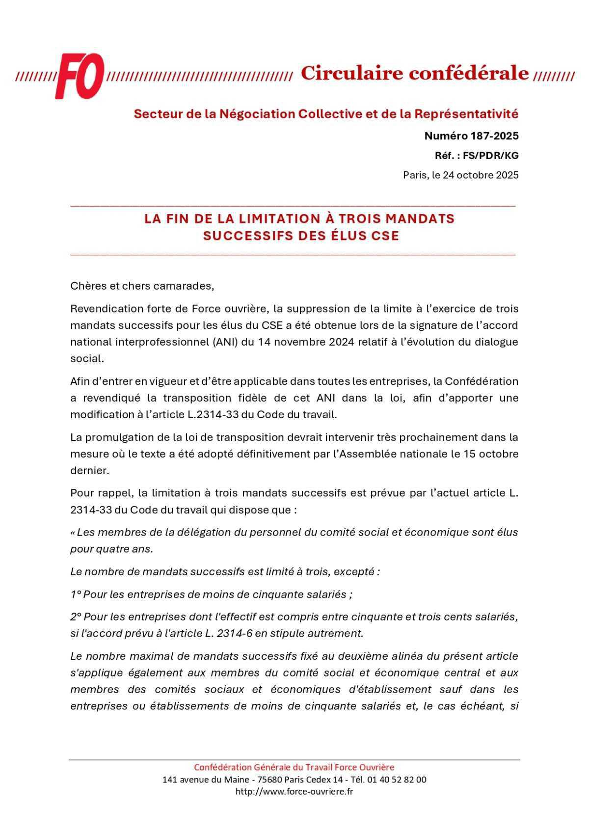 La fin de la limitation des TROIS MANDATS des élus CSE grâce à FO
