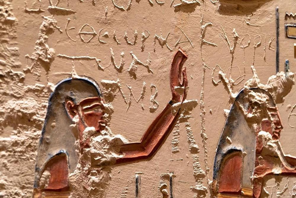 Graffiti left on the tomb of Ramses V in Egypt by ancient Greek tourists