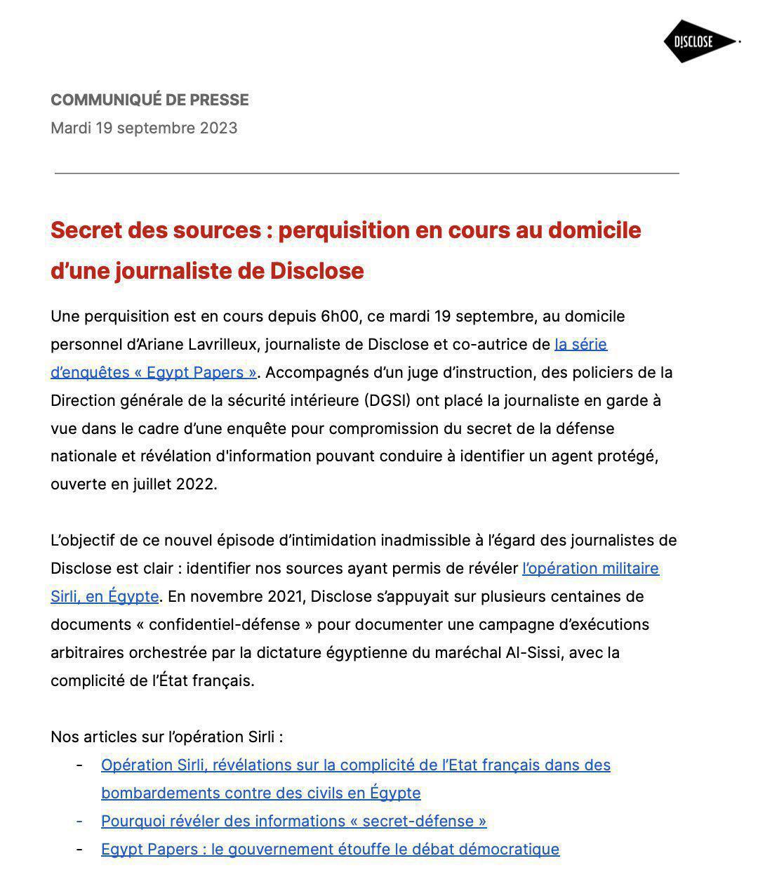 توقيف صحافية بفرنسا كشفت قضية تحويل مصر وجهة استخدام مساعدة استخبارية فرنسية توقيف صحافية بفرنسا كشفت قضية تحويل مصر وجهة استخدام مساعدة استخبارية فرنسية