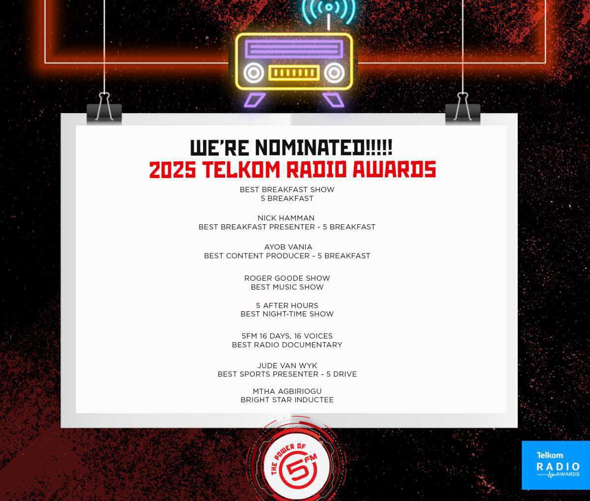 8 Nominations for 5FM at 2025 Telkom Radio Awards