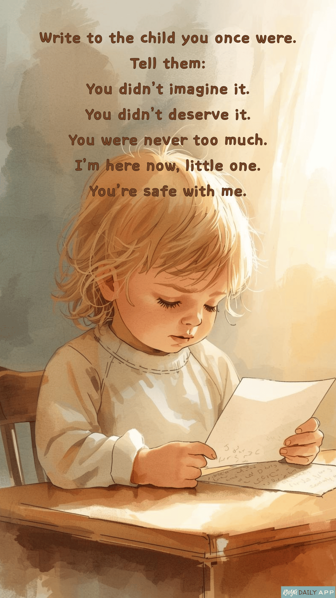 Write to the child you once were. Tell them You didn’t imagine it. You didn’t deserve it. You were never too much. I’m here now, little one. You’re safe with me.