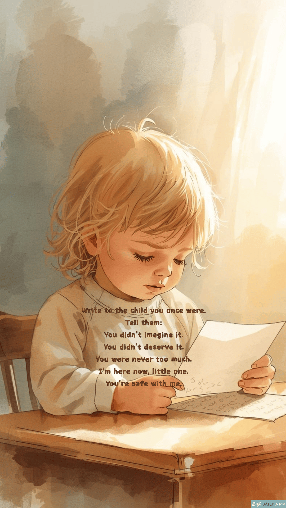 WALLPAPER Write to the child you once were. Tell them You didn’t imagine it. You didn’t deserve it. You were never too much. I’m here now, little one. You’re safe with me. 