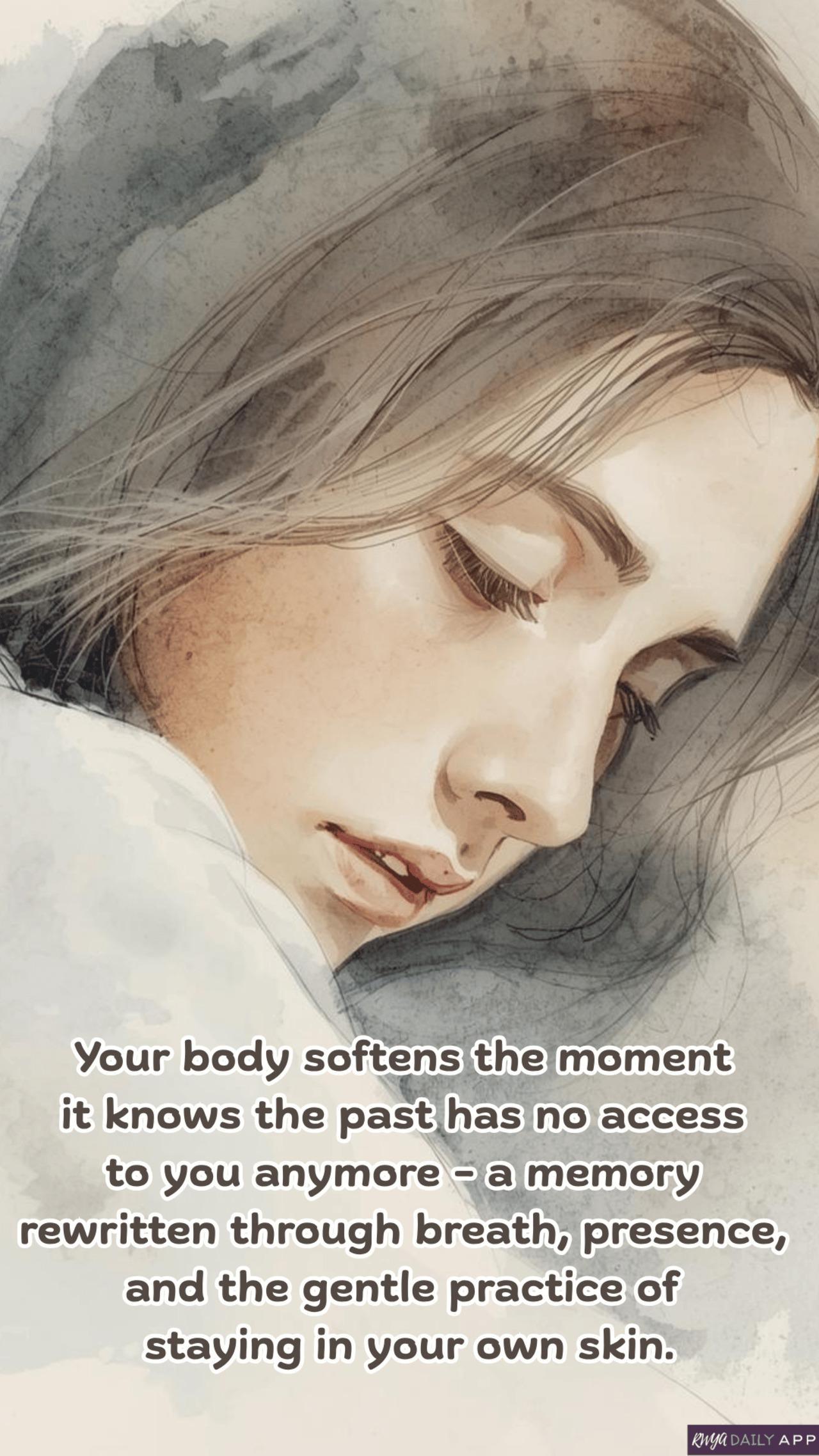 Your body softens the moment it knows the past has no access to you anymore — a memory rewritten through breath, presence, and the gentle practice of staying in your own skin.