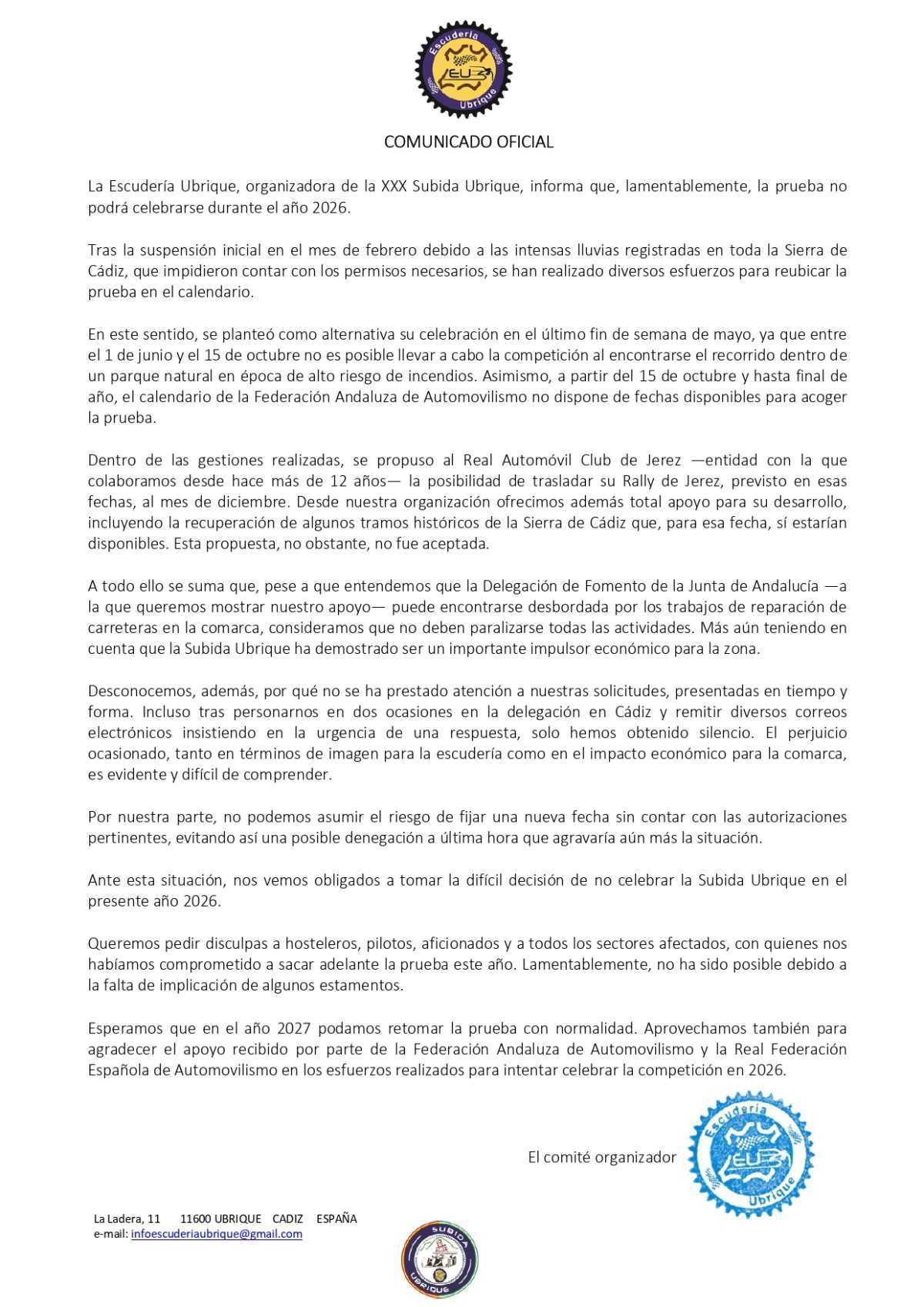 La Subida Ubrique–Benaocaz no se celebrará en el 2026 La Subida Ubrique–Benaocaz no se celebrará en el 2026
