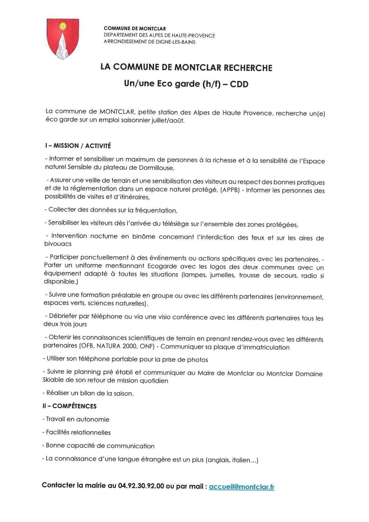 La commune de Montclar recherche un/une éco garde