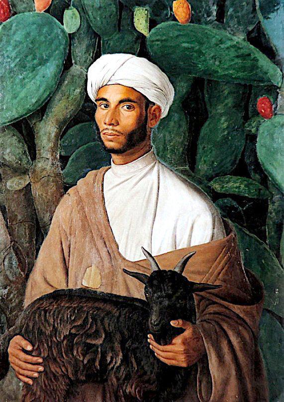 « Moro con una cabra » du peintre espagnol Miguel Viladrich Vila [1887-1956] représente un homme marocain dans son habit traditionnel, reconnaissable à son turban et sa djellaba.