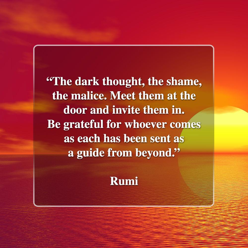 The dark thought, the shame, the malice. Meet them at the door and invite them in. Be grateful for whoever comes as each has been sent as a guide from beyond. - Rumi