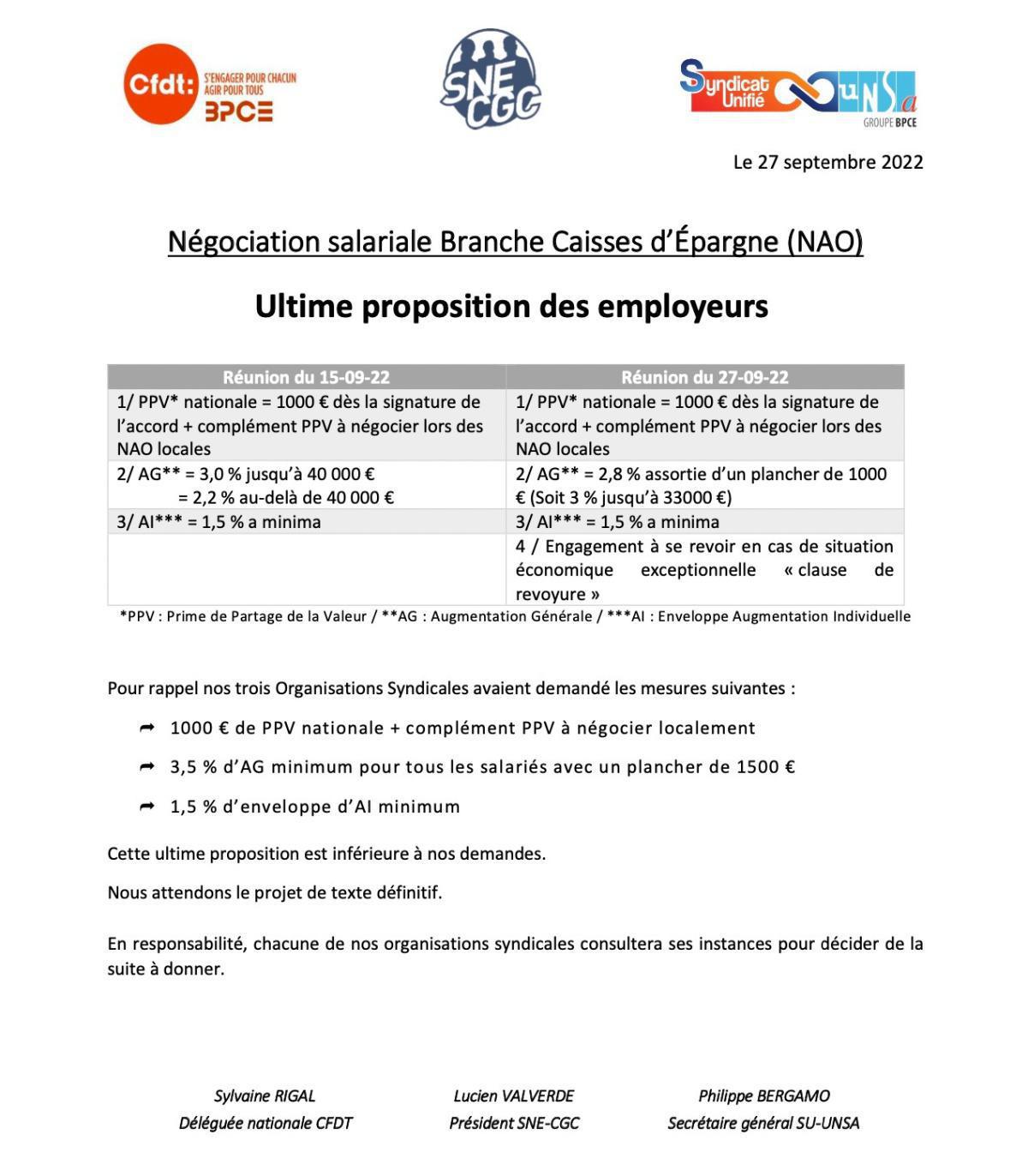 NAO nationales : La dernière proposition...