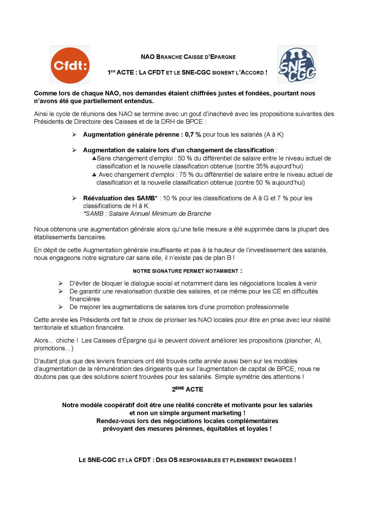 NAO BRANCHE CAISSE D'EPARGNE : LE SNE-CGC PREND SES RESPONSABILITES NAO BRANCHE CAISSE D'EPARGNE : LE SNE-CGC PREND SES RESPONSABILITES