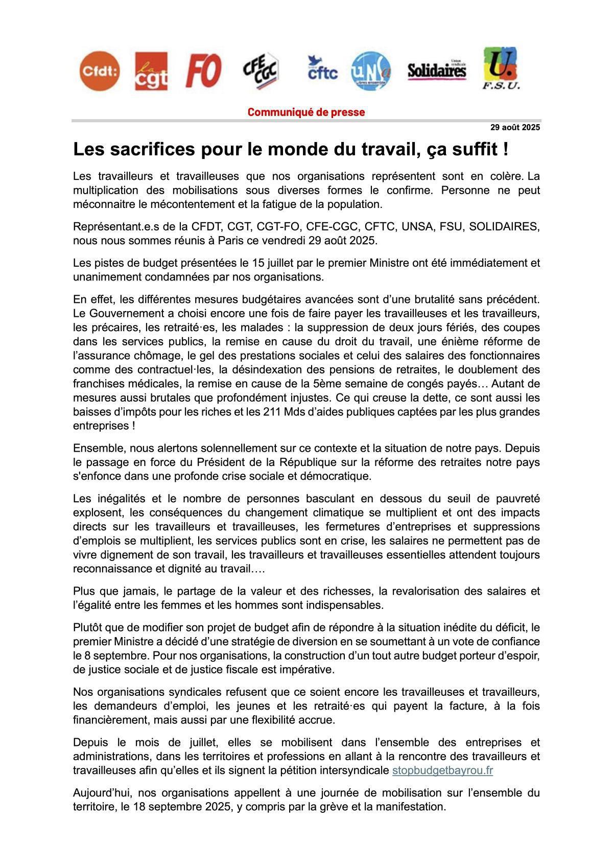 COMMUNIQUÉ DE PRESSE DU 29 AOÛT 2025