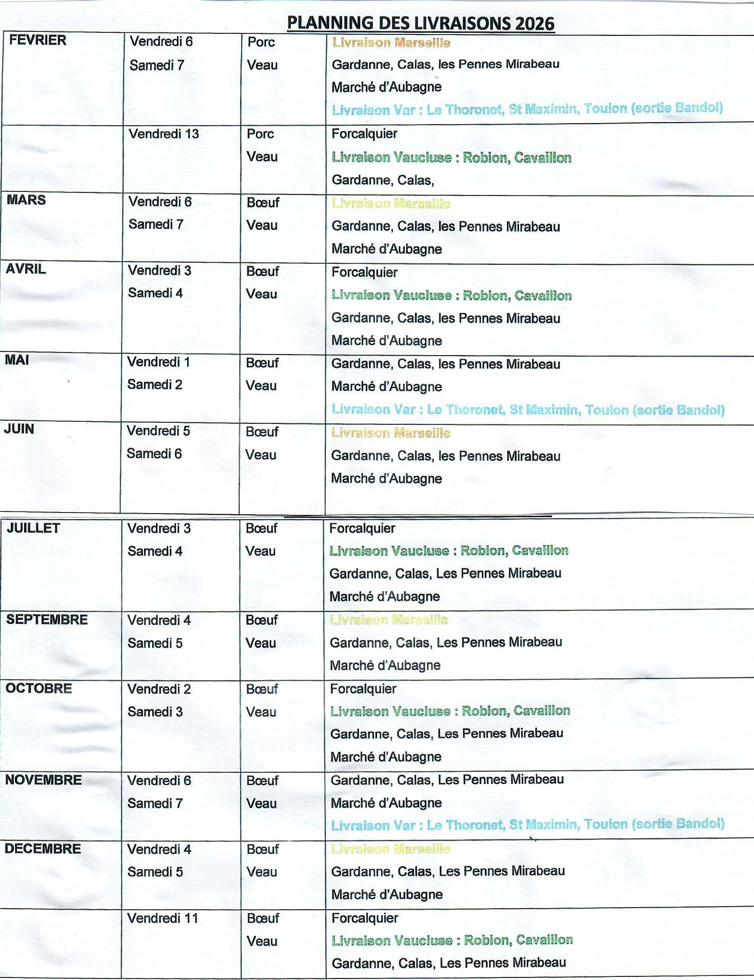 planning des livraison 2026