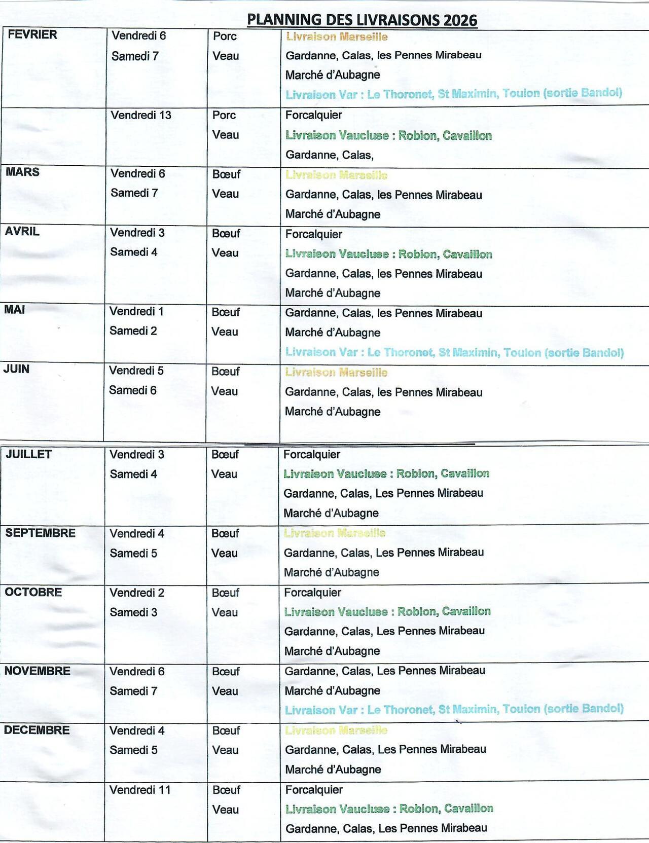 planning des livraison 2026
