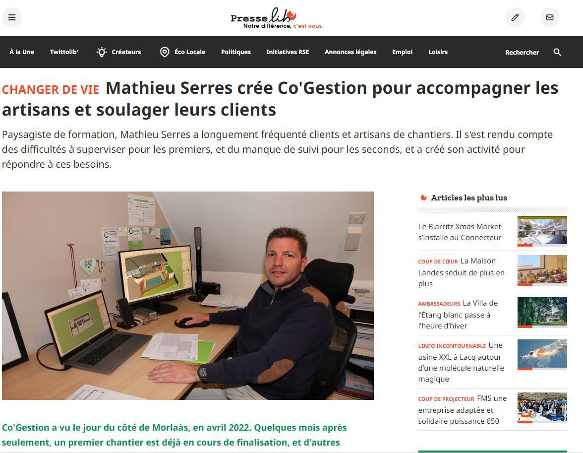 Mathieu Serres et Co'Gestion mis en avant par Presslib pour la qualité de son accompagnement des artisans et de leurs clients