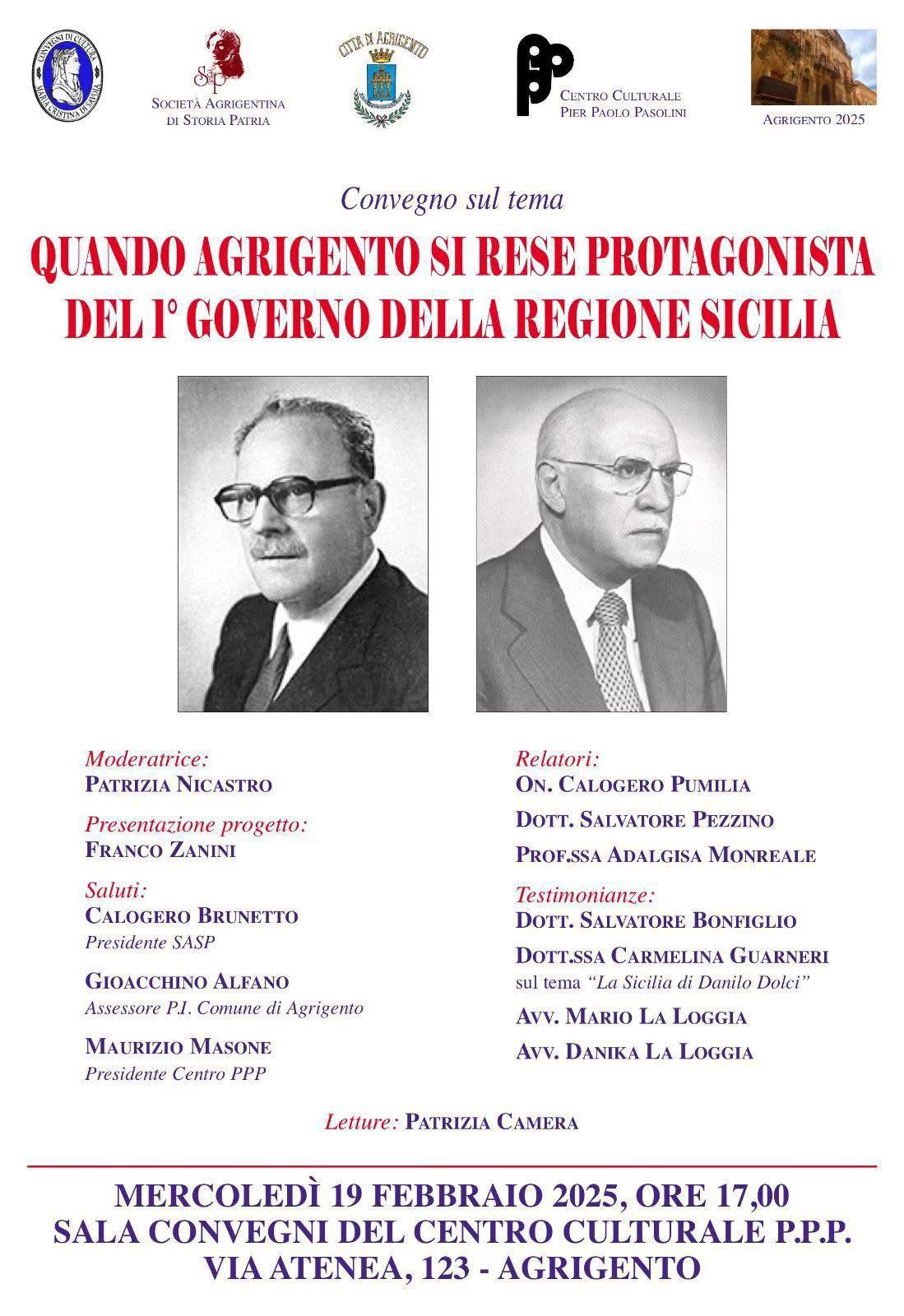 Convegno sul tema: Quando Agrigento si rese protagonista del I° Governo della Regione Sicilia (inizio ore 17.00)