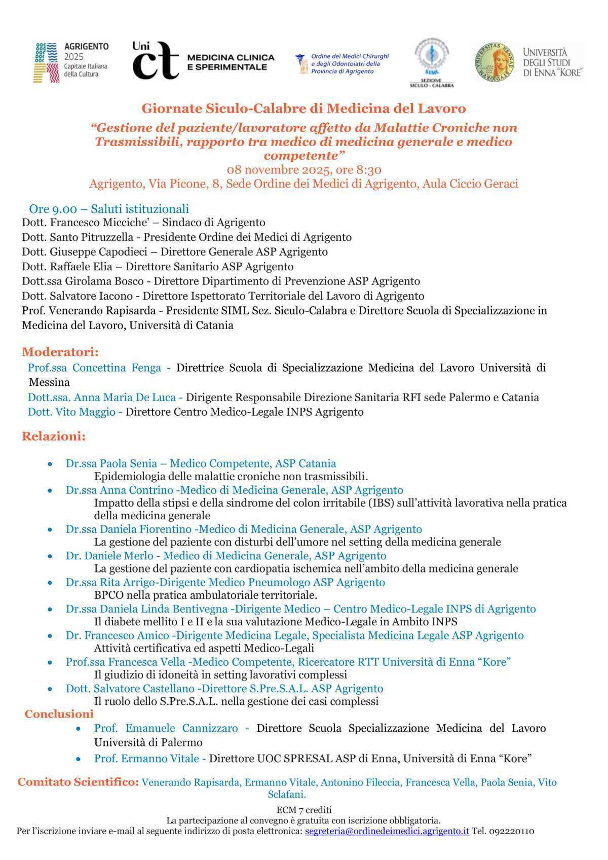 Giornate Siculo-Calabre di Medicina del Lavoro “Gestione del paziente/lavoratore affetto da Malattie Croniche non Trasmissibili, rapporto tra medico di medicina generale e medico competente” (inizio ore 8.30)