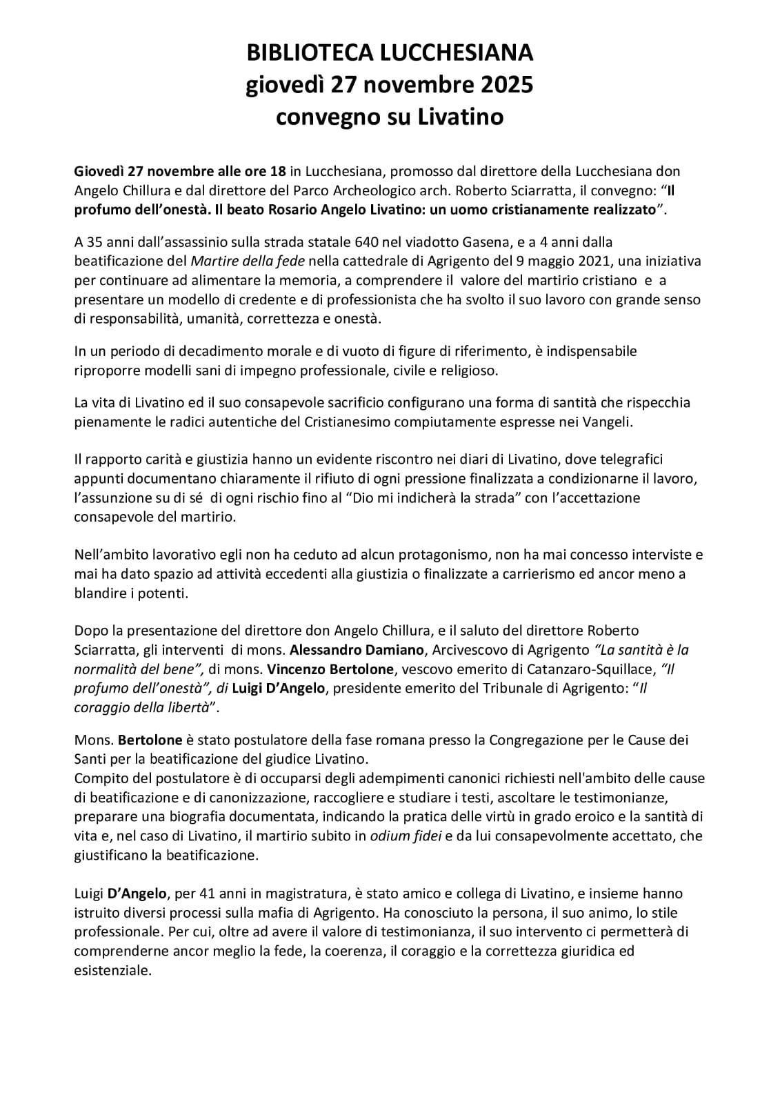 "Il Profumo dell'Onestà - Il Beato Rosario Angelo Livatino: un uomo cristianamente realizzato" (inizio ore 18.00)