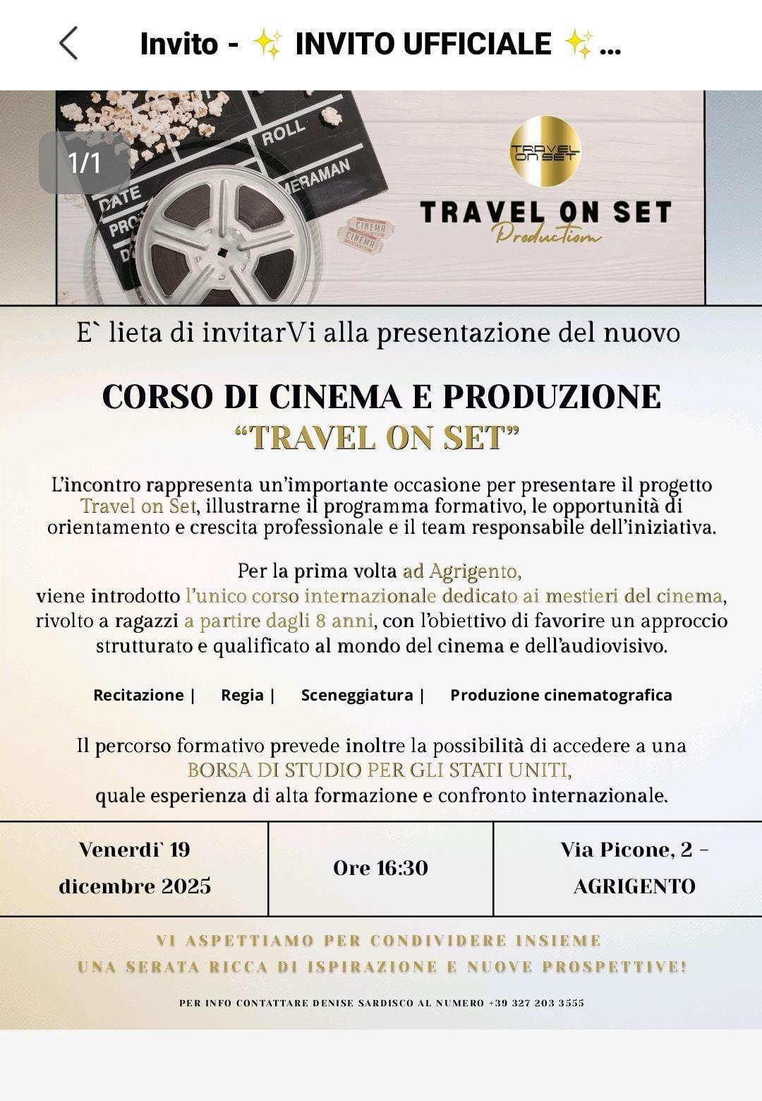 Corso di Cinema e Produzione "Travel on Set" (inizio ore 16.30)