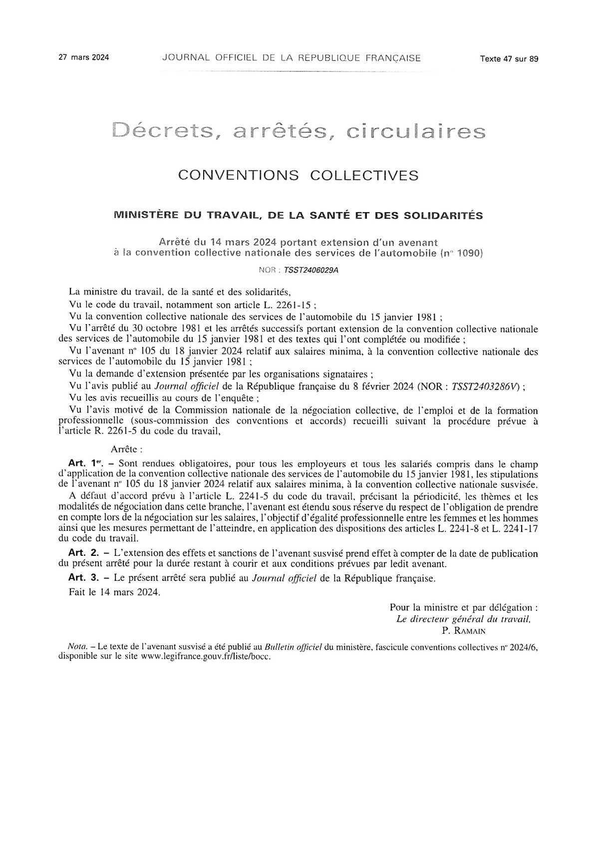 Services de l'automobile : Avenant n° 105 du 18 janvier 2024 relatif aux salaires minima Services de l'automobile : Avenant n° 105 du 18 janvier 2024 relatif aux salaires minima