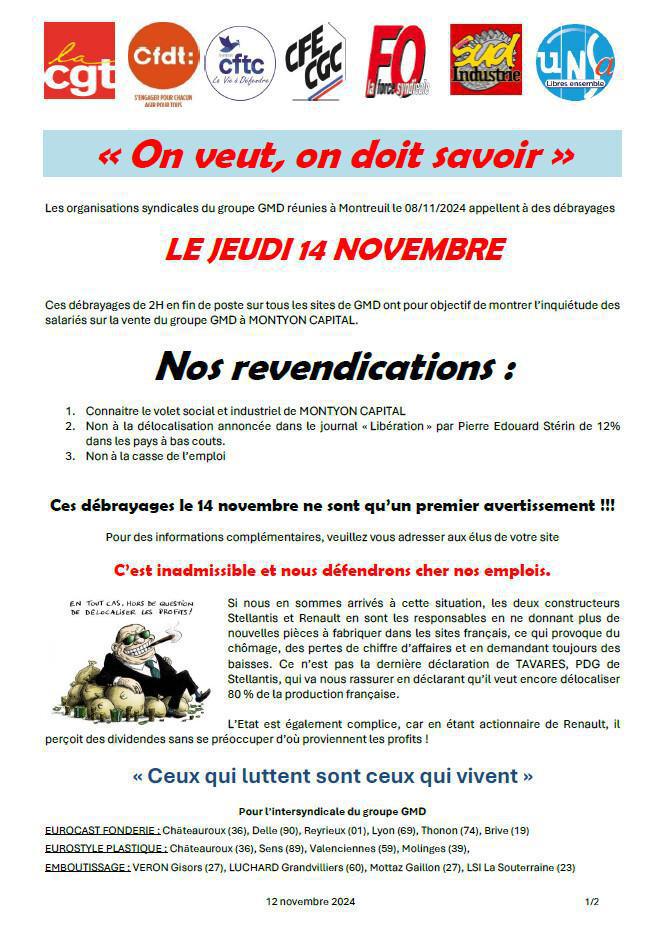 Groupe GMD : appel aux débrayages le 14 novembre