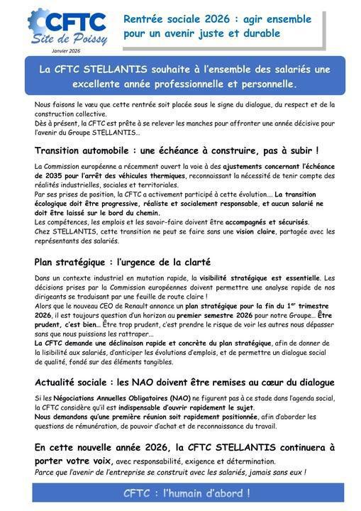 Les vœux de la CFTC Stellantis aux salariés du groupe
