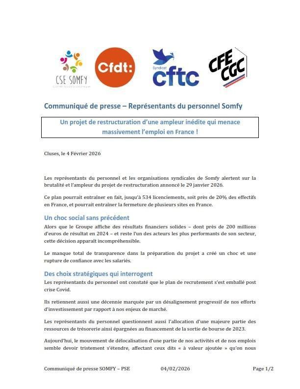 PSE du groupe Somfy : les communiqués de presse de l'intersyndicale