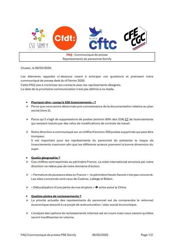 PSE du groupe Somfy : les communiqués de presse de l'intersyndicale