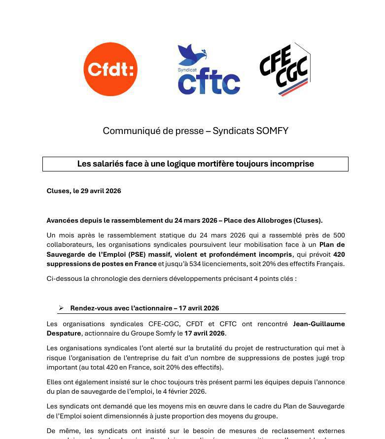 PSE du groupe Somfy : le communiqué de presse des élus