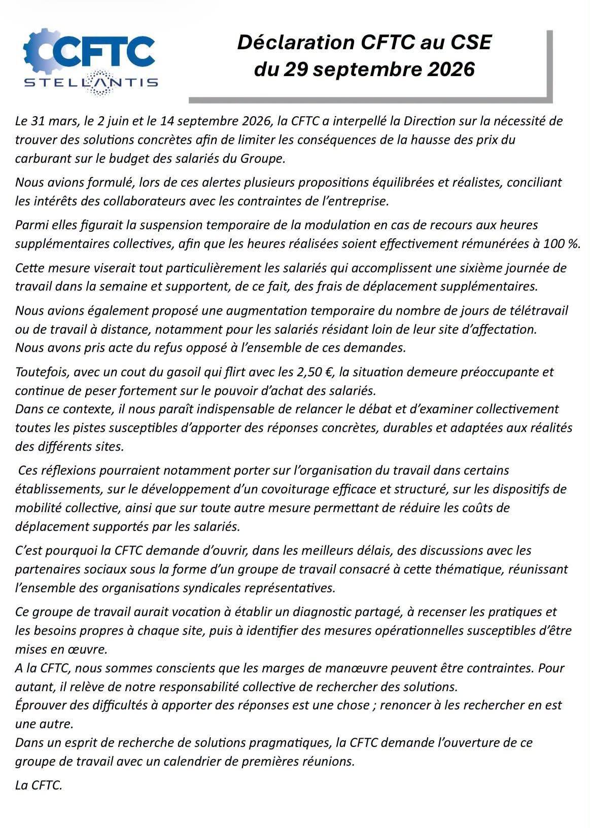 Crise du coût du carburant : la CFTC Stellantis fait des propositions