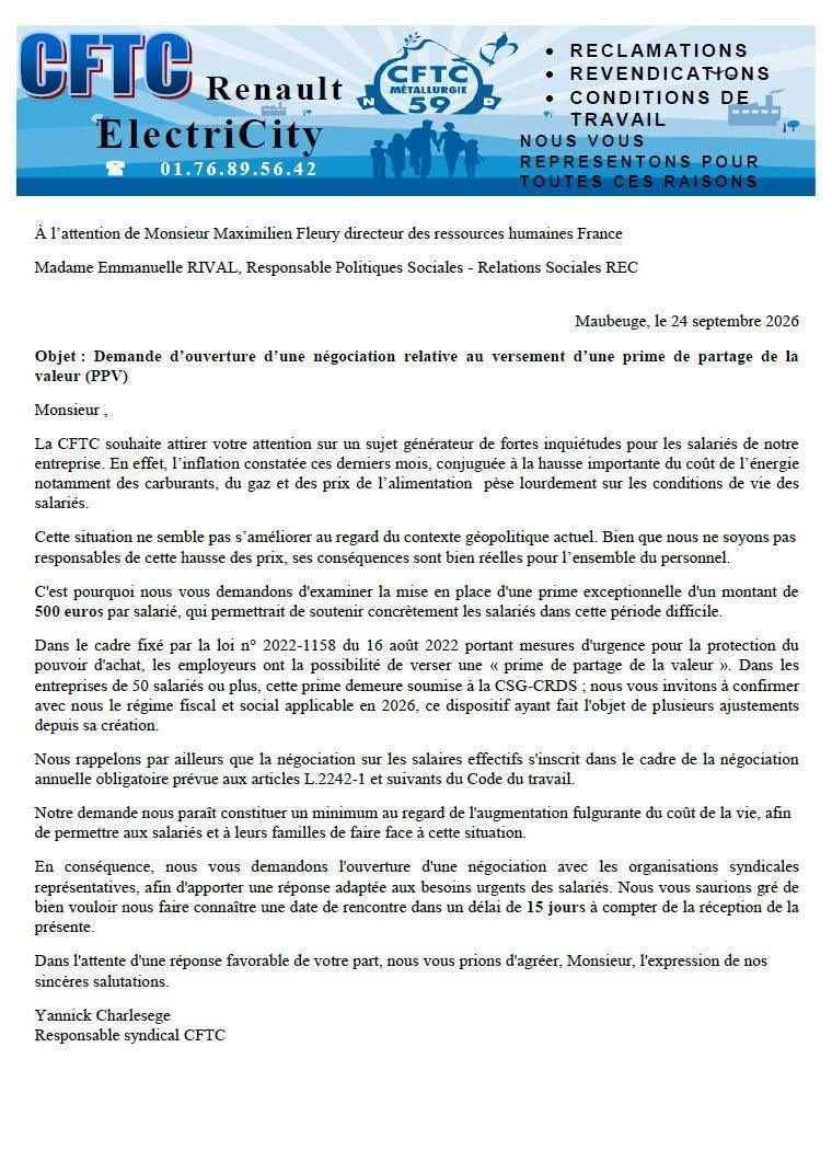 La CFTC de Renault ElectriCity se mobilise pour le pouvoir d'achat 