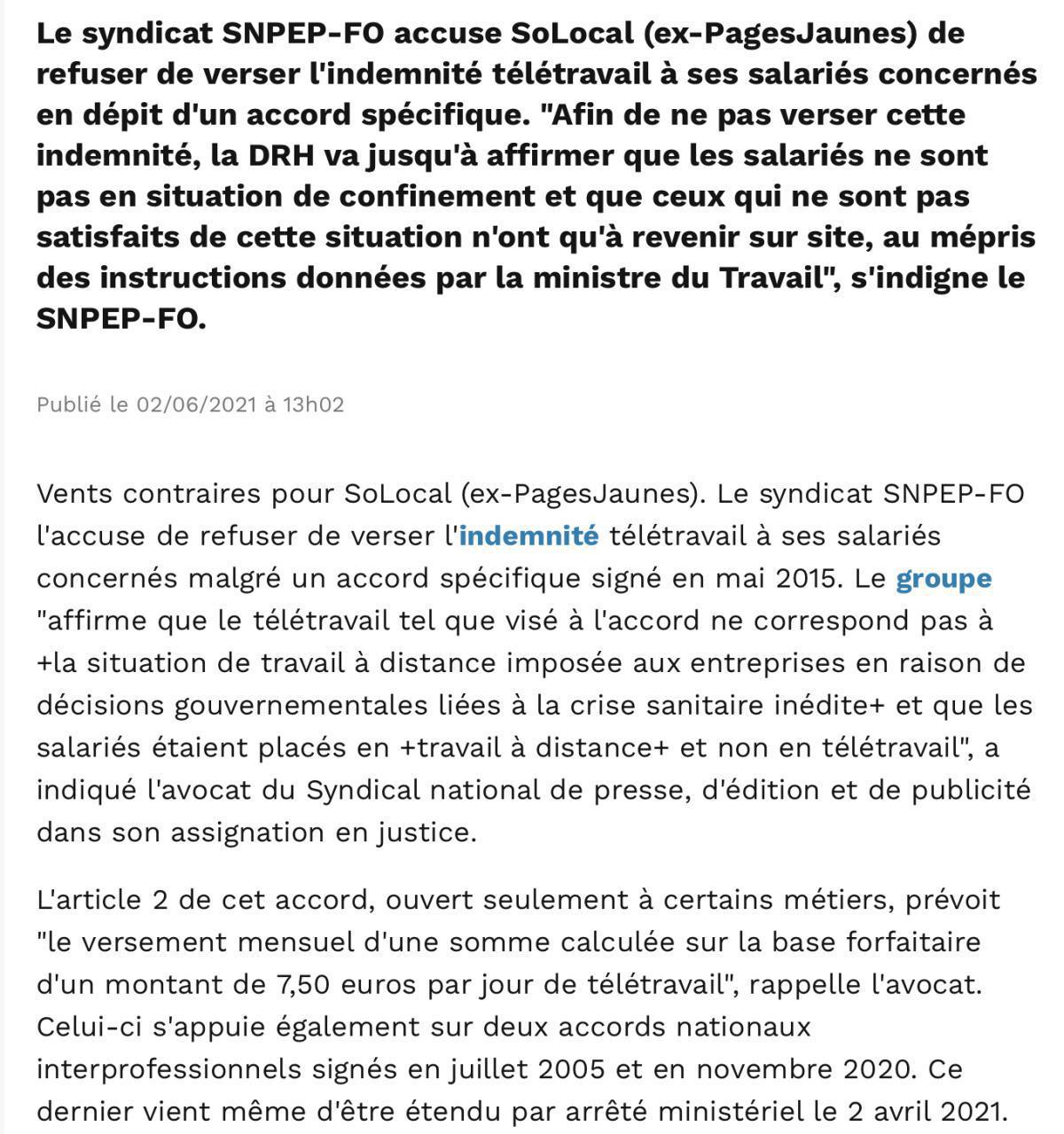 Capital juin 2021 - Télétravail - FO Solocal assigne Solocal devant le tribunal