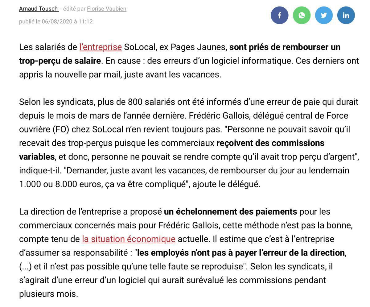 RTL août 2020 - Interview - FO dénonce les reprises de salaire chez Solocal