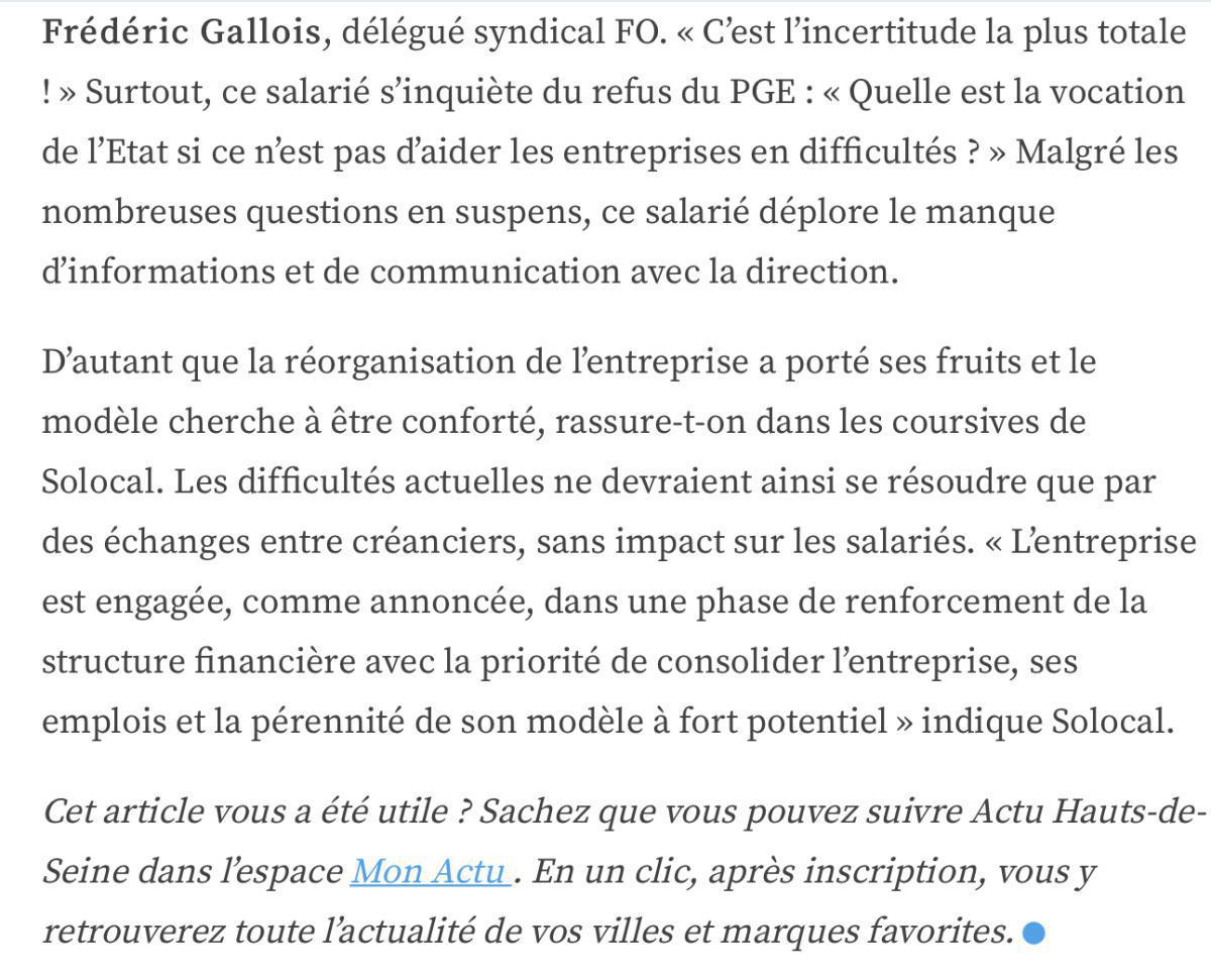 Actu.fr juin 2020 - Solocal en difficulté : quel avenir pour les 1000 salariés de Boulogne-Billancourt ?