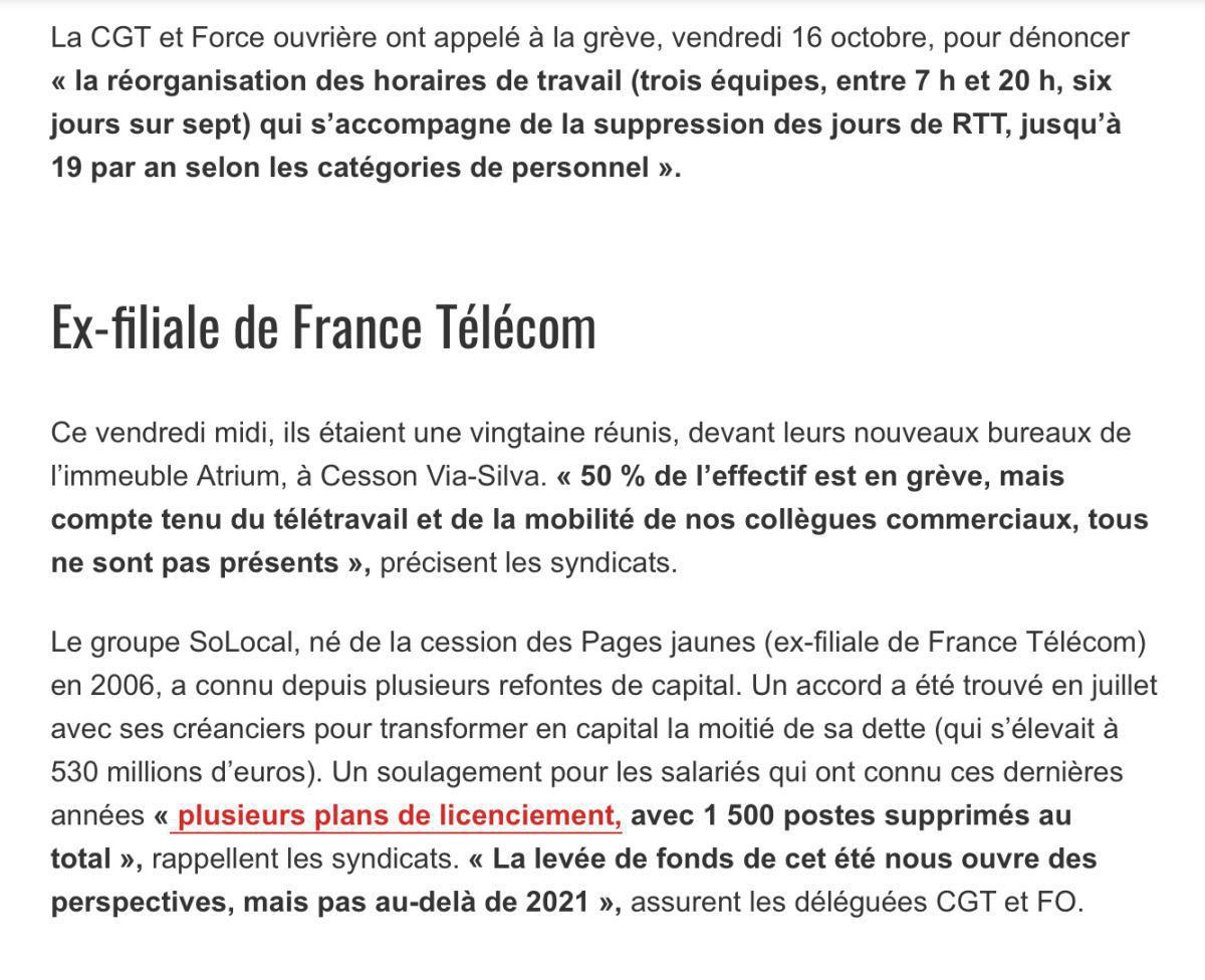Ouest-France octobre 2020 Les salariés de Solocal en grève pour conserver leur accord ARTT